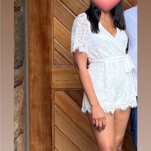 White Lace Wrap Romper with Tie Waist